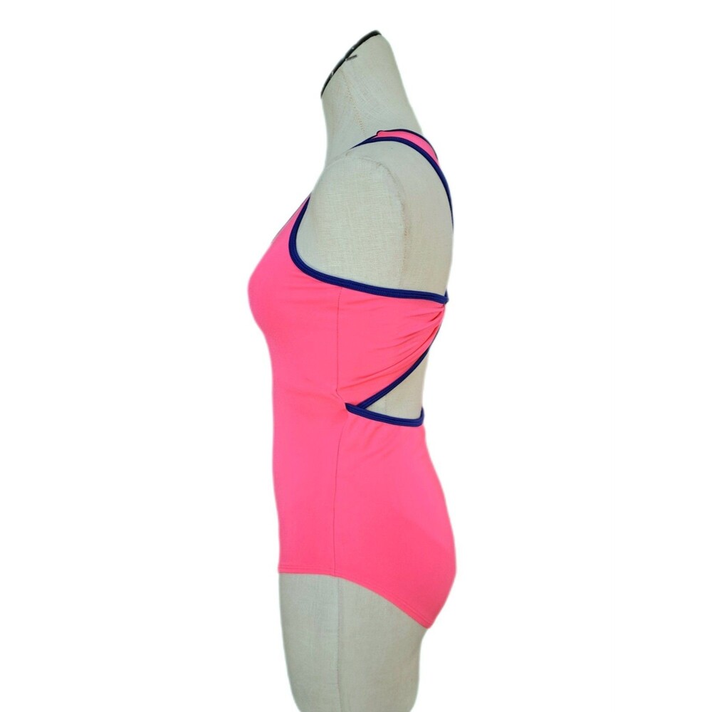 Aja VTG 90s Twisted Triangle Open Back Keyhole Leotard Built-in Bra Neon Pink AS - Picture 8 of 14